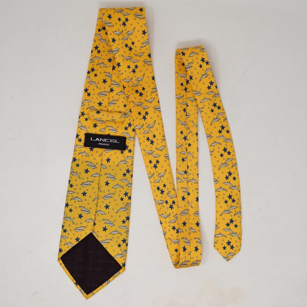 Lancel Paris Necktie Dolphin Starfish Silk Yellow Whimsy Marine Mammal Ocean Fun - Picture 6 of 13